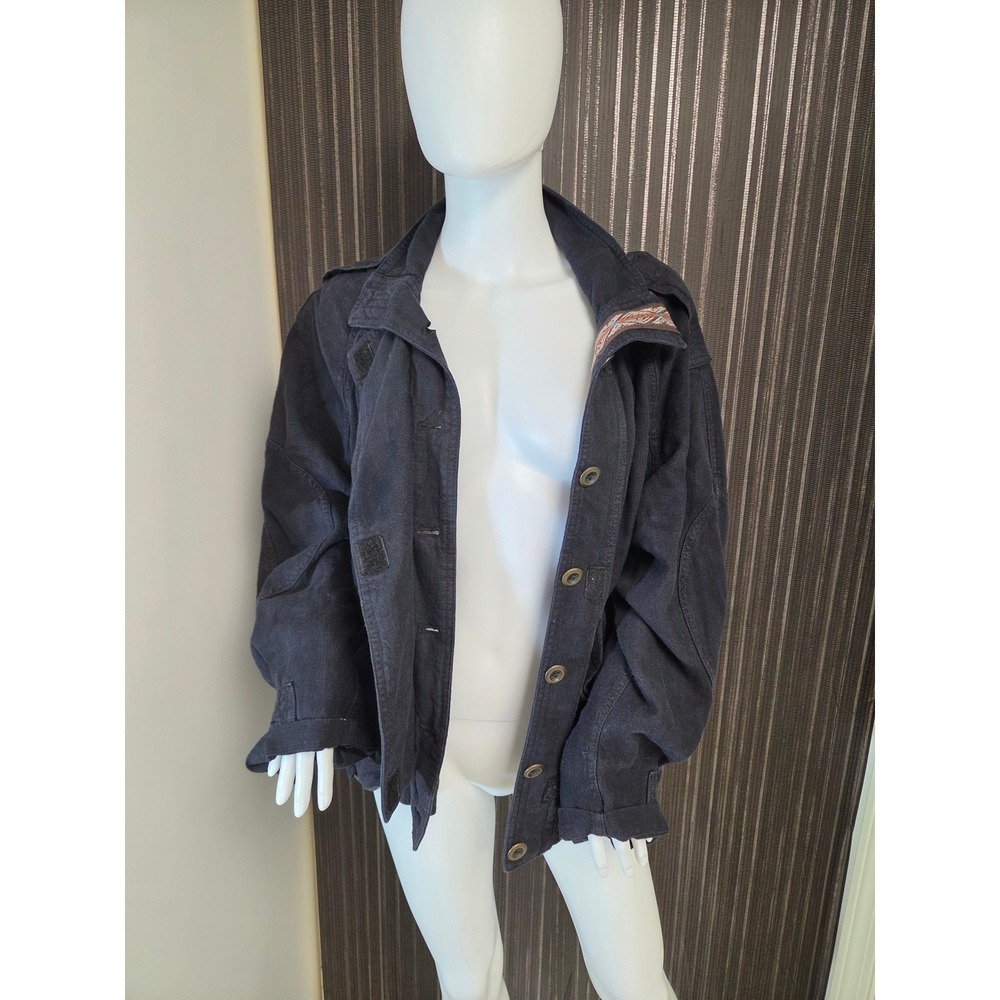 Free People Black Linen Blend Utility Military Jacket Embroidered Trim Small